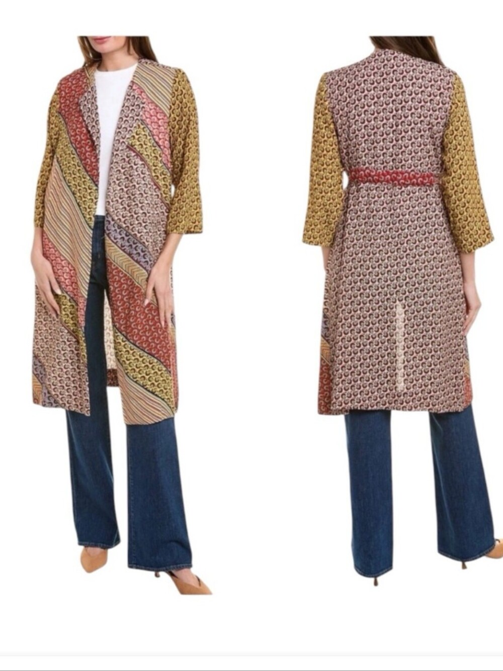 Cabi "Poet" Jacket Yellow Multi Color Floral & Stripes Open Style Kimono Duster